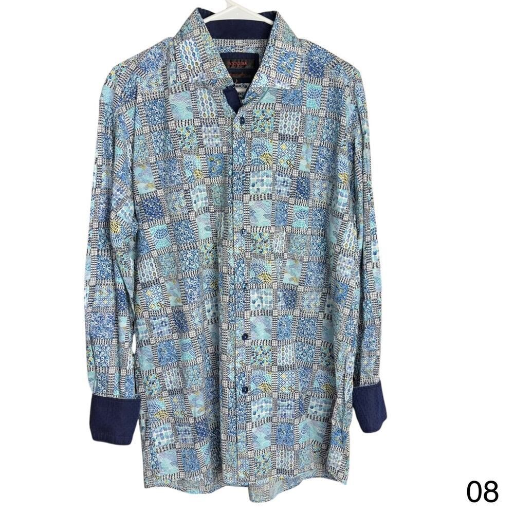 axxess mens large abstract blue long sleeves reversible cuff cotton button shirt